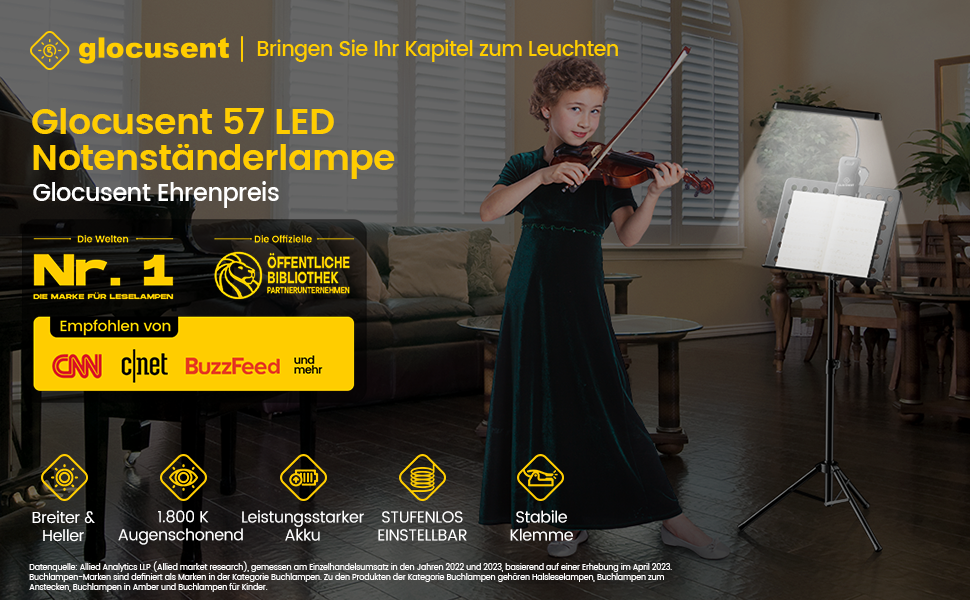 Світлодіодна лампа для нот Glocusent: професійна, 57 LED, для піаніно, з кейсом, 3 кольори, 5 рівнів яскравості, акумуляторна (140 год)