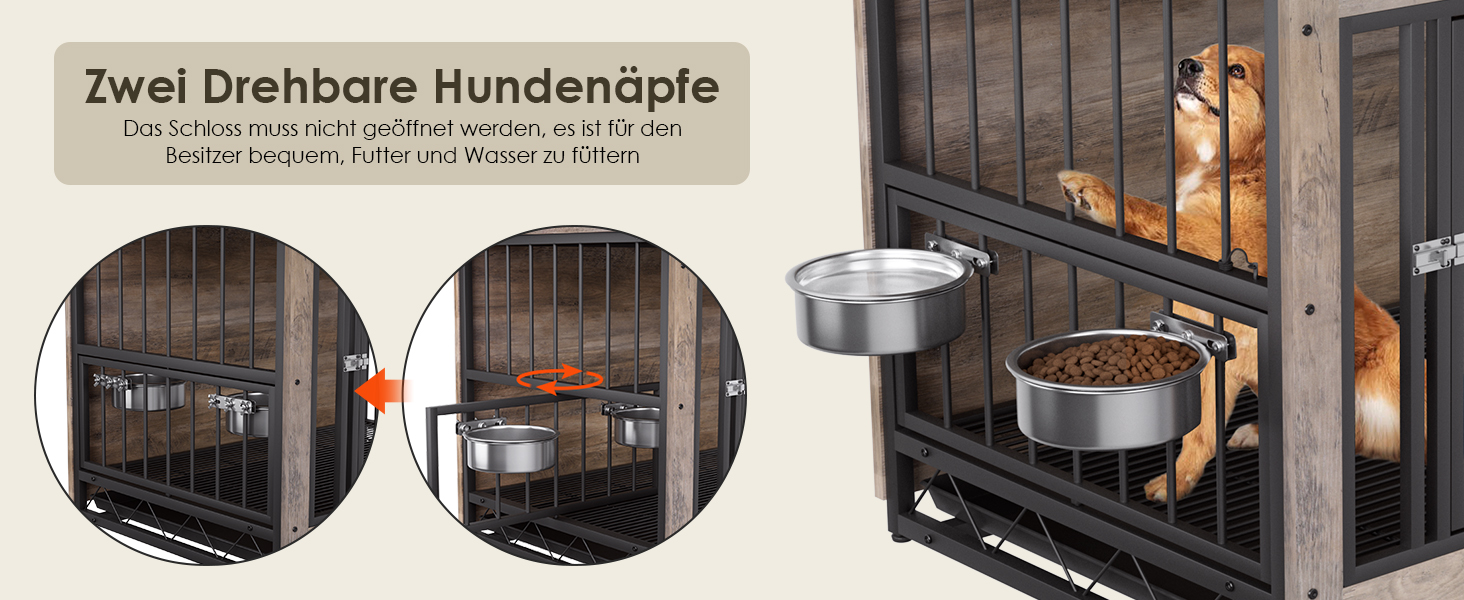 Дерев'яна собача будка/переноска для дому, 93x64x58 см, з піддоном та мисками, для собак середніх та маленьких порід (до 40 кг), білий/сірий колір