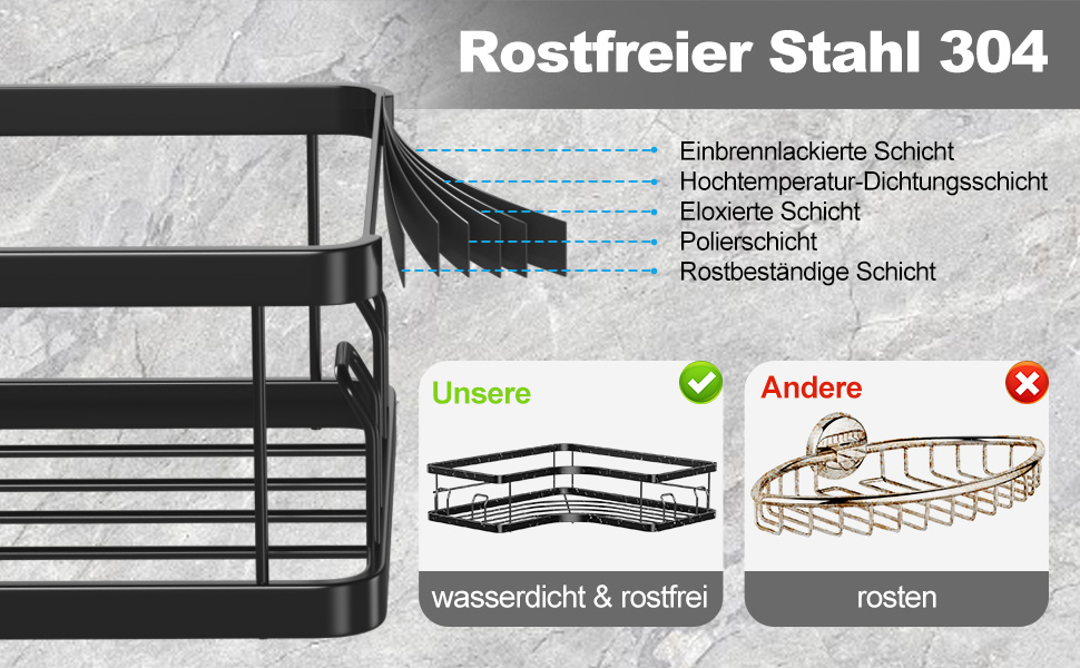 Кутова поличка для душу MOSUO без свердління, 2 шт. з 8 гачками та 6 клеями, нержавіюча сталь, чорний колір, L-1