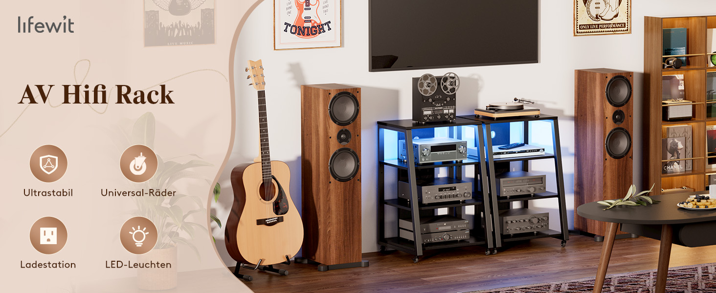 Lifewit Аудіостійка HiFi з полицями, колесами та LED-підсвіткою, 60x55x90 см, коричнево-чорна