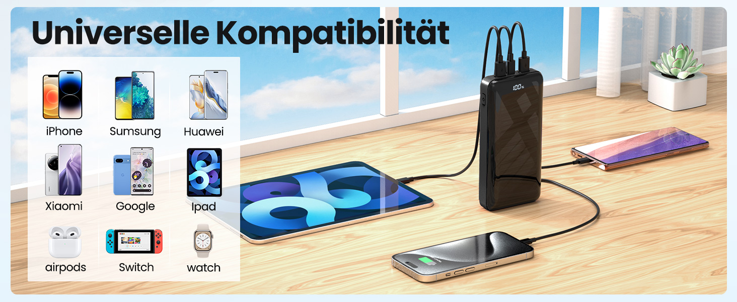 Power Bank 27000mAh з LED-дисплеєм, 22.5W PD20W USB-C, чорний. Сумісний з iPhone 16/15/14/13/12/11 Pro