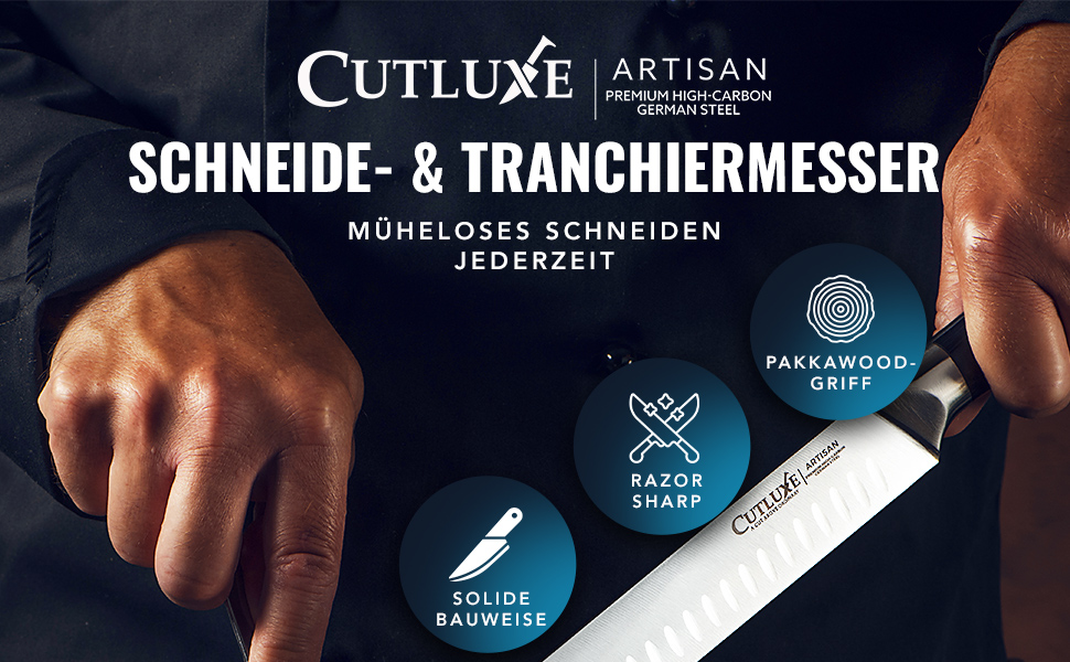 Ніж для нарізання шинки Cutluxe – 30 см, професійний ніж для м'яса та барбекю, з німецької сталі, повний хвостовик, ергономічна ручка та піхви, серія Artisan