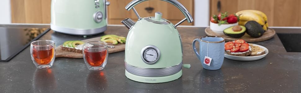 Cecotec ThermoSense 420 Light Green Electric Kettle - 1.8L, Stainless Steel, Vintage Style