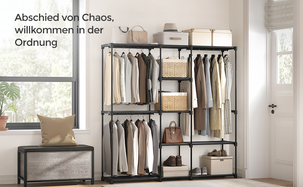 SONGMICS Шкаф для одягу, вішалка для одягу, гак для одягу, з вішалкою для одягу, полиці з тканини, металевий каркас, 182 x 43 x 182 см, чорний, RYG037B02