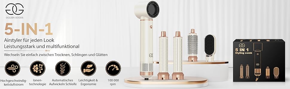 Набір для укладки волосся Golden Goods 5-в-1: фен-щітка, плойка, стайлер, 1000W