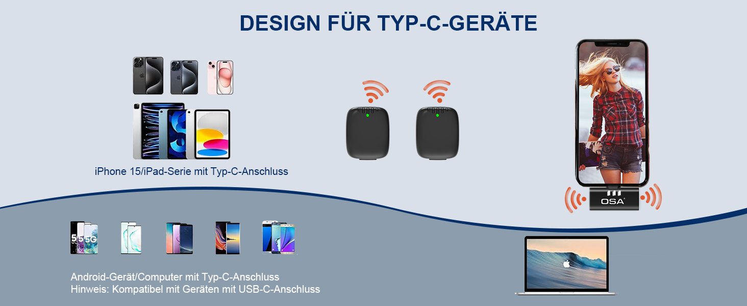 Бездротовий петличний мікрофон OSA для iPhone та iPad, mini Dual з фільтром шуму, для інтерв'ю, Vlog, YouTube (Type C)