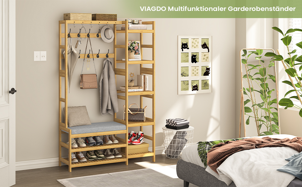 VIAGDO Wardrobe with Shoe Bench, Clothes Rack with 5 Storage Shelves, Wardrobe with Shoe Shelf, 10 Double Hooks, Entryway Wardrobe for Hallway and Bedroom 104x33x175 cm (104 x 33 x 175 cm)