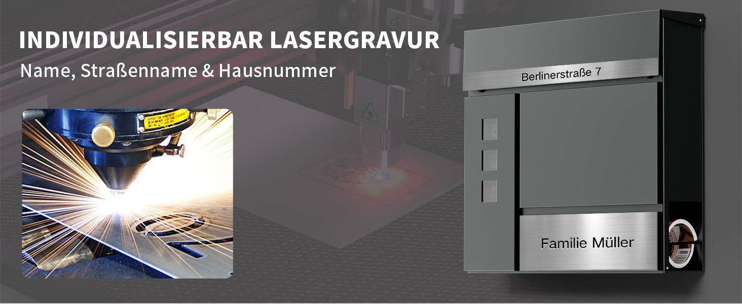 Поштовий ящик Anthrazit з гравіюванням, персоналізований, нержавіюча сталь, з відділенням для газет та замком (2 ключі) | Поштовий ящик з іменним шильдиком та номером будинку