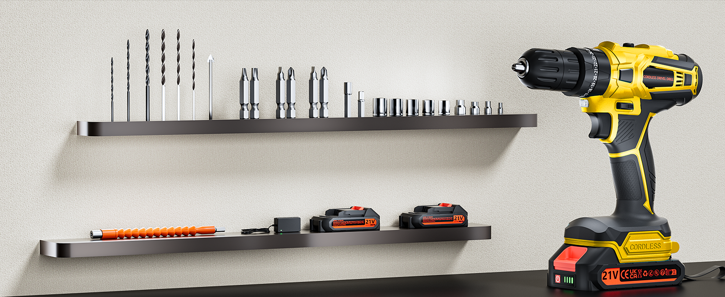 Акумуляторний шуруповерт 21V з акумулятором 4000mAh, 45Nm, 25+3 положення, 2 швидкості, LED, 2 акумулятори 2.0Ah, зарядний пристрій, для дому та саду, DIY проєкти (жовтий)