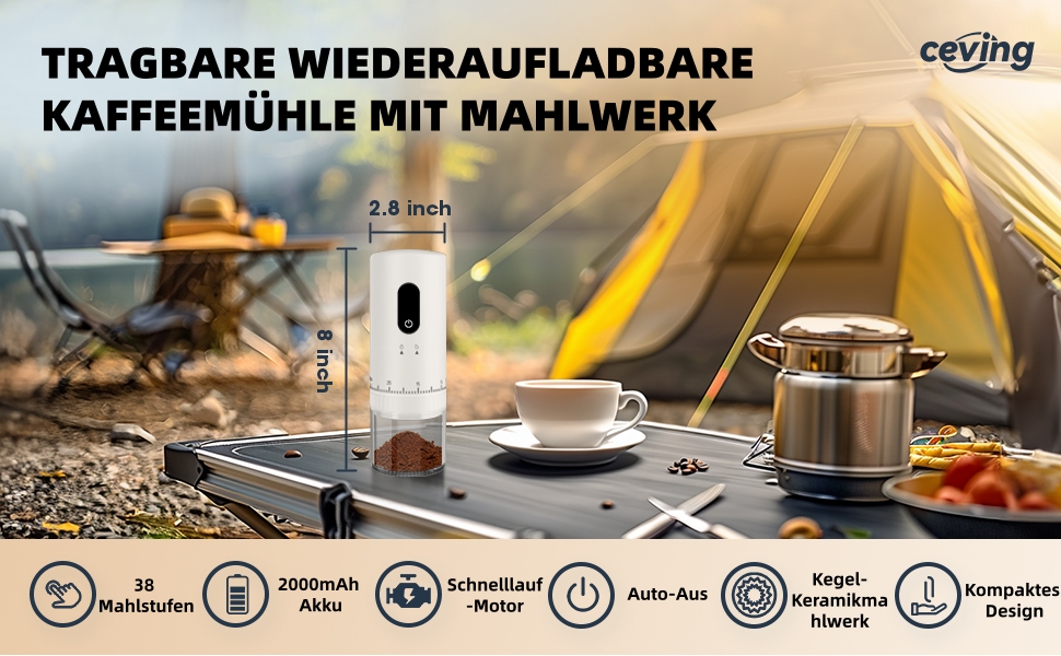 Портативна кавомолка з акумулятором 2000mAh, керамічний жорно, швидка малівка, для подорожей та кемпінгу, білий колір