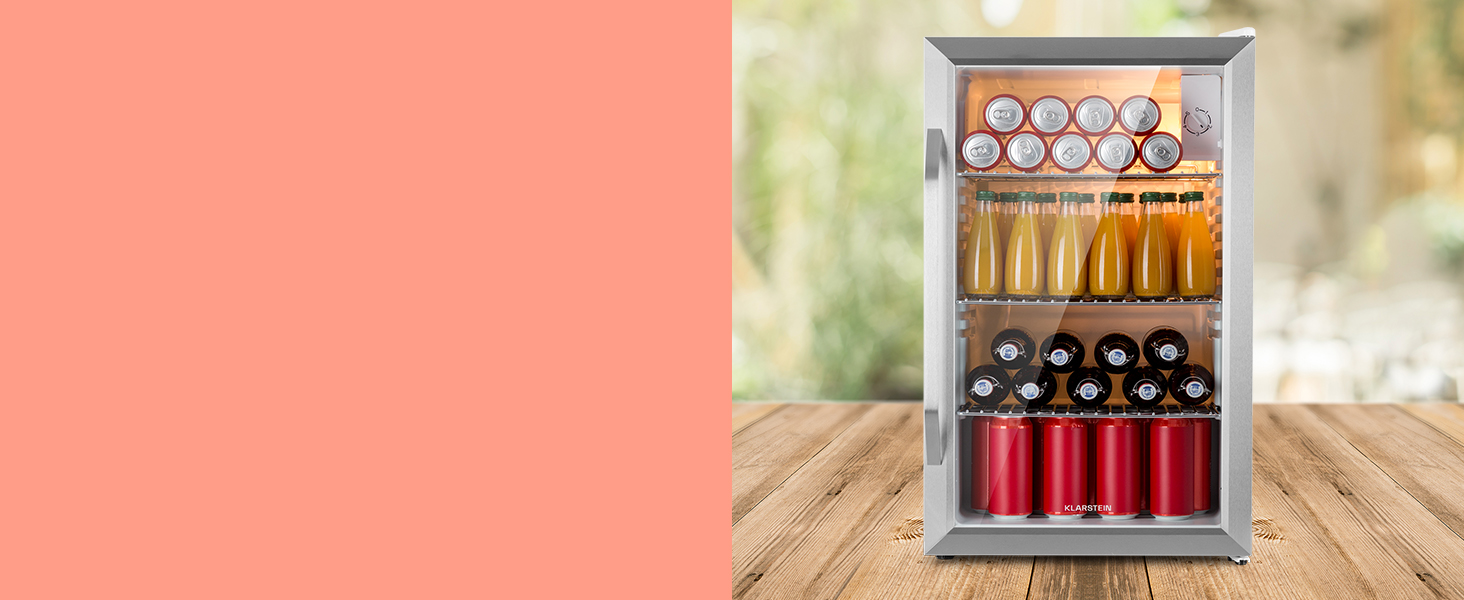 Klarstein Mini Fridge with Glass Door - 80L Compact Beverage Cooler with Adjustable Shelves & Wave Design Racks