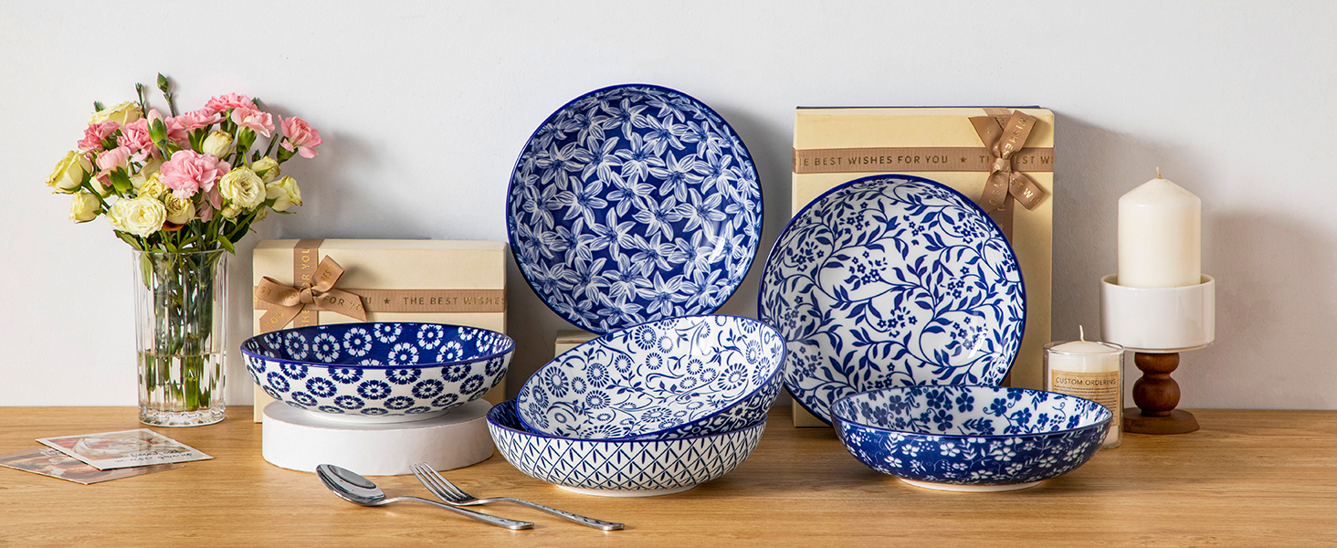 Набір кавових чашок з блюдцями Vancasso Cappuccino SELENE 6шт, 240мл, блакитно-білий вінтаж, високоякісний фарфор, для миття в посудомийній машині та використання в мікрохвильовці