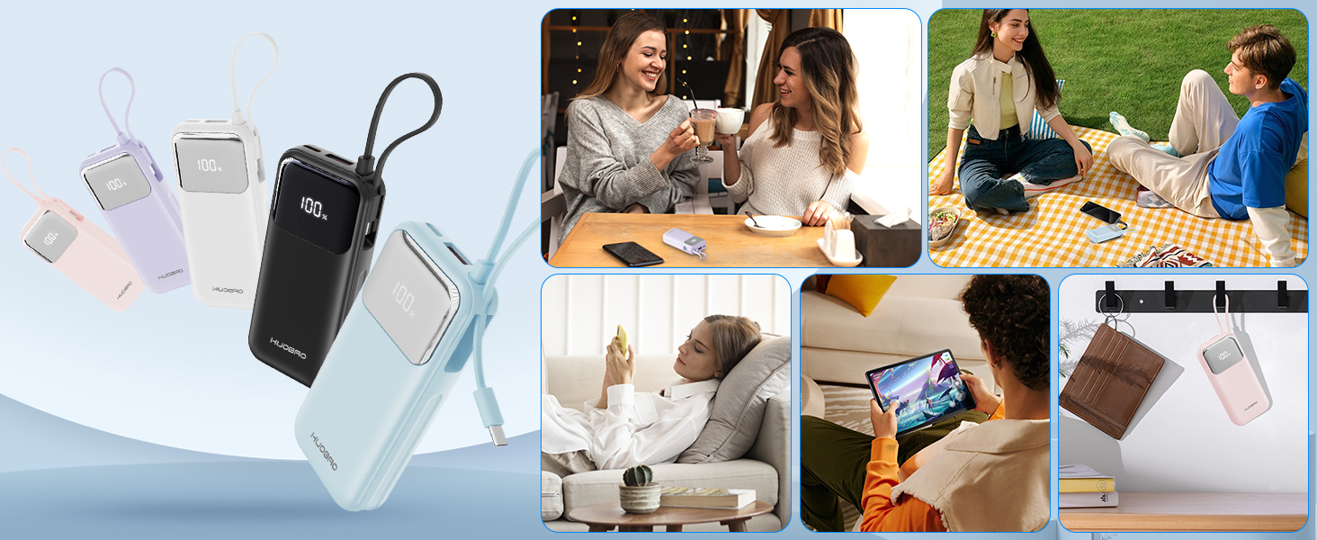 Power Bank 10000mAh з USB-C кабелем, PD 35W, LCD дисплей, для iPhone, Samsung, iPad та інших пристроїв (Блакитний)