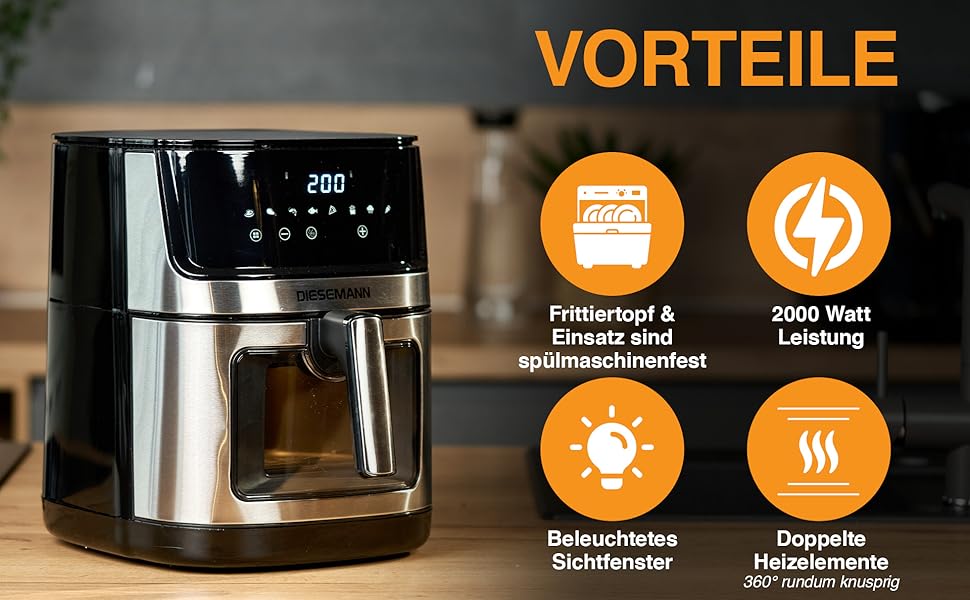 Фритюрниця повітряна DIESEMANN XXL 7.3L – 2000W з 2 нагрівальними елементами (верхній та нижній нагрів), вікно огляду та 8 програмами – для смаження, випікання та грилю без олії