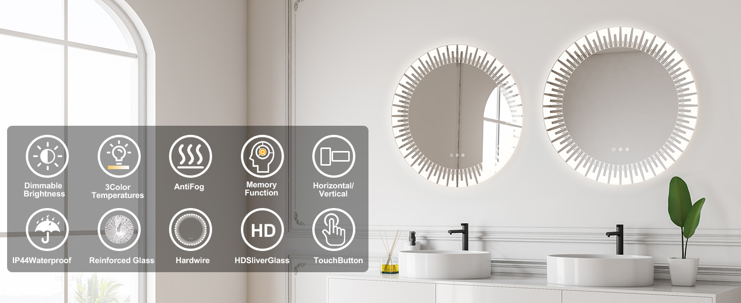 Круглий дзеркало для ванної кімнати YOLEO з підсвічуванням, 60 см, сенсорне керування, захисне скло, 3 кольори світла, регулювання яскравості, 80x80 см