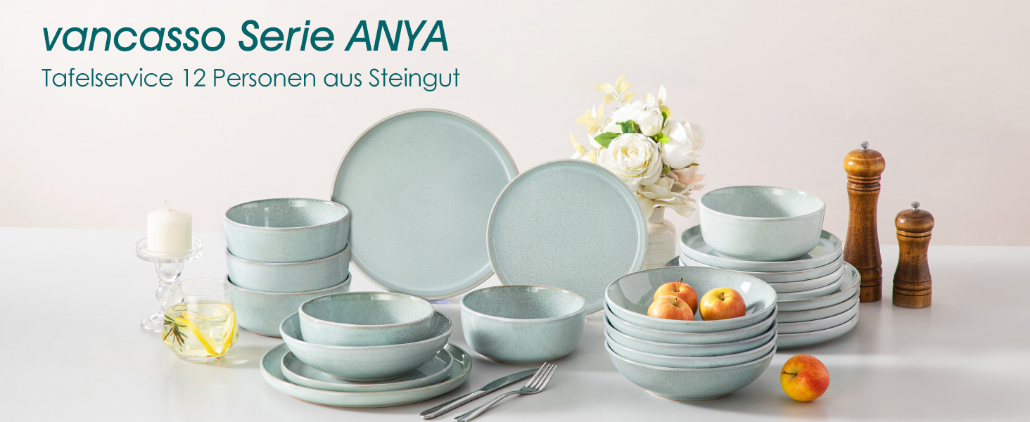 Набір мисок vancasso ANYA (48 шт.) з кераміки, 16.1 см, 840 мл, для мюслі, стійкі до подряпин, підходить для мікрохвильової печі та посудомийної машини (м'ятний колір)