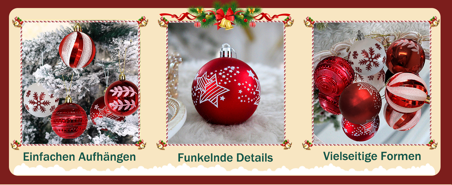 Набір прикрас на ялинку 40 шт. червоно-білі, 6 см, пластикові, з підвісками, небрудні, різноманітні поверхні та візерунки, для внутрішнього та зовнішнього використання