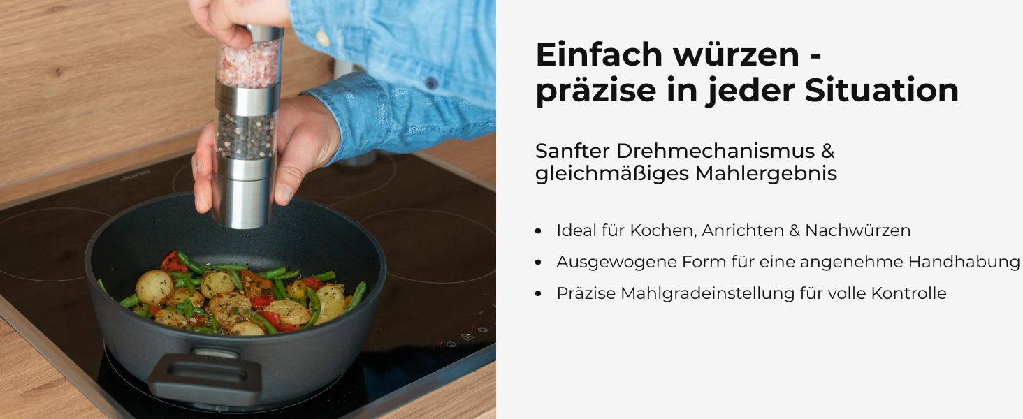 Мельниця для солі та перцю 2-в-1 з нержавіючої сталі | Ручна мельниця для спецій з керамічним жорном та регульованим ступенем помелу