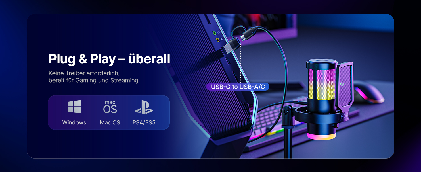 BOYA G30 USB Мікрофон для Ігор та Стрімінгу з RGB підсвіткою, шумозаглушенням, поп-фільтром. Конденсаторний мікрофон для ПК/PS4/PS5
