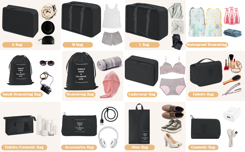 Набір органайзерів для валізи 13 шт., чорні Packing Cubes, водонепроникні дорожні органайзери для відпустки та подорожей