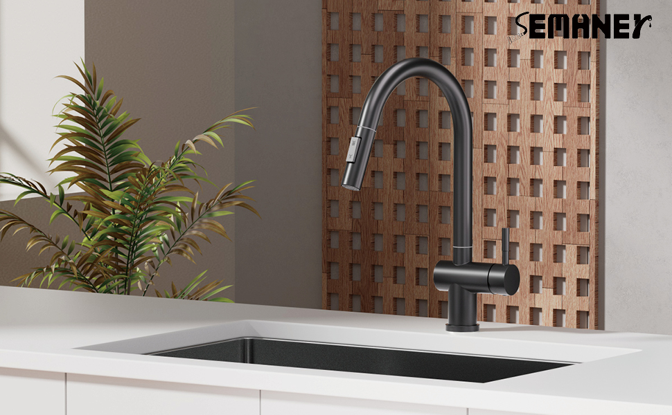 Кран кухонний високого тиску SEMANEY з висувною лійкою, поворотний на 360°, одноручковий, матовий чорний