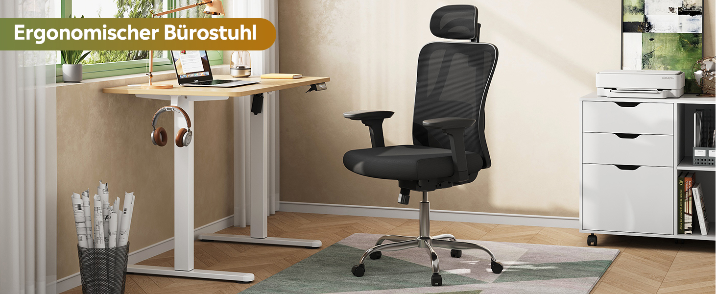 Офісне крісло Devaise: ергономічне крісло з регульованою підголівником та поперековою підтримкою, 3D-підлокітники, 3-рівневий нахил, дихаюча сітчаста тканина для дому та офісу (Чорний)