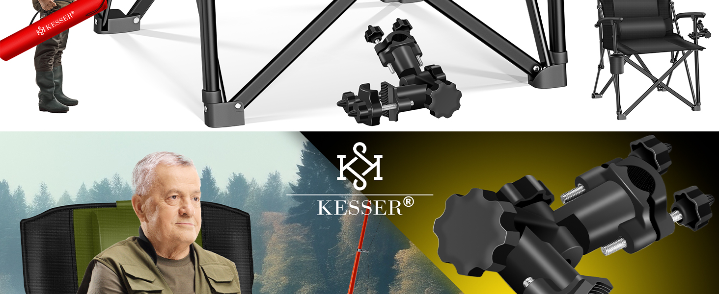 Кресlo для кемпінгу KESSER® з високою спинкою, 160 кг, з підлокітниками, тримачем для напоїв та світлом, хакі/чорний