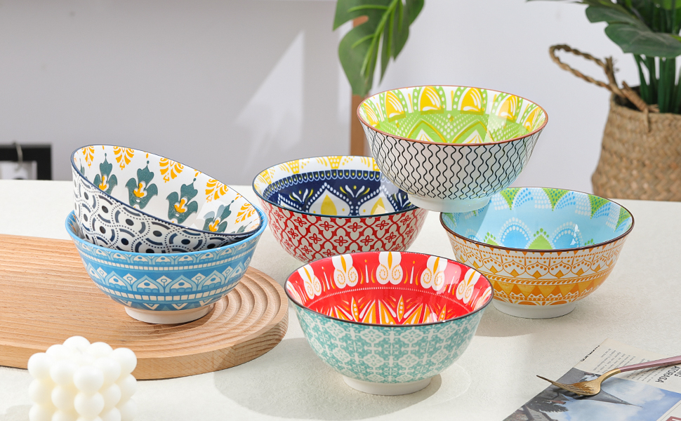 Набір тарілок/мисок для мюслі, супу, салату (6 шт.) - 15.7 см, 700 мл, 6 кольорів, порцеляна