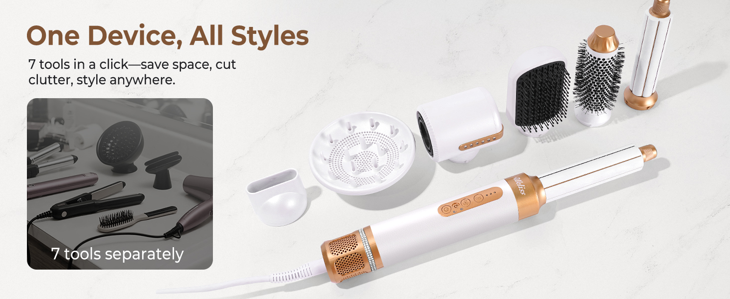 UKLISS Air Styler 7 в 1: фен-щітка з 7 насадками для сушіння, укладання та об'єму волосся, іонізація, білий