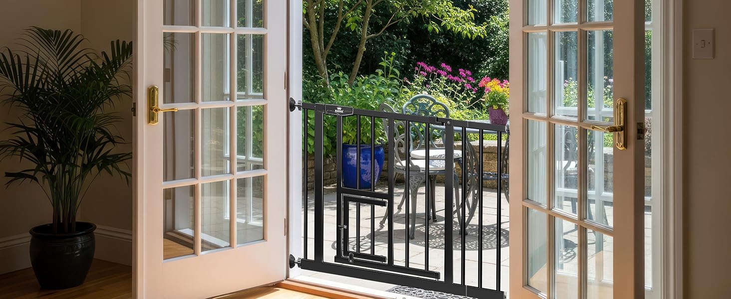 Захисне ворота KIDIZ для дітей з люком для котів, без свердління | Захист від падіння, поворотне, біле/помаранчеве, ширина 74-80 см