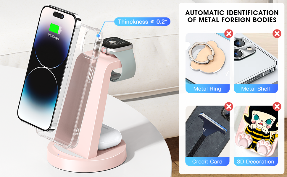 Зарядний станція 3 в 1 для iPhone: швидка бездротова зарядка для Apple iPhone 16, 15, 14, 13, 12, 11, X, Pro, Max та Apple Watch 10, 9, 8, 7, 6, SE, AirPods 4, 3, Pro з адаптером 18W (Рожевий)