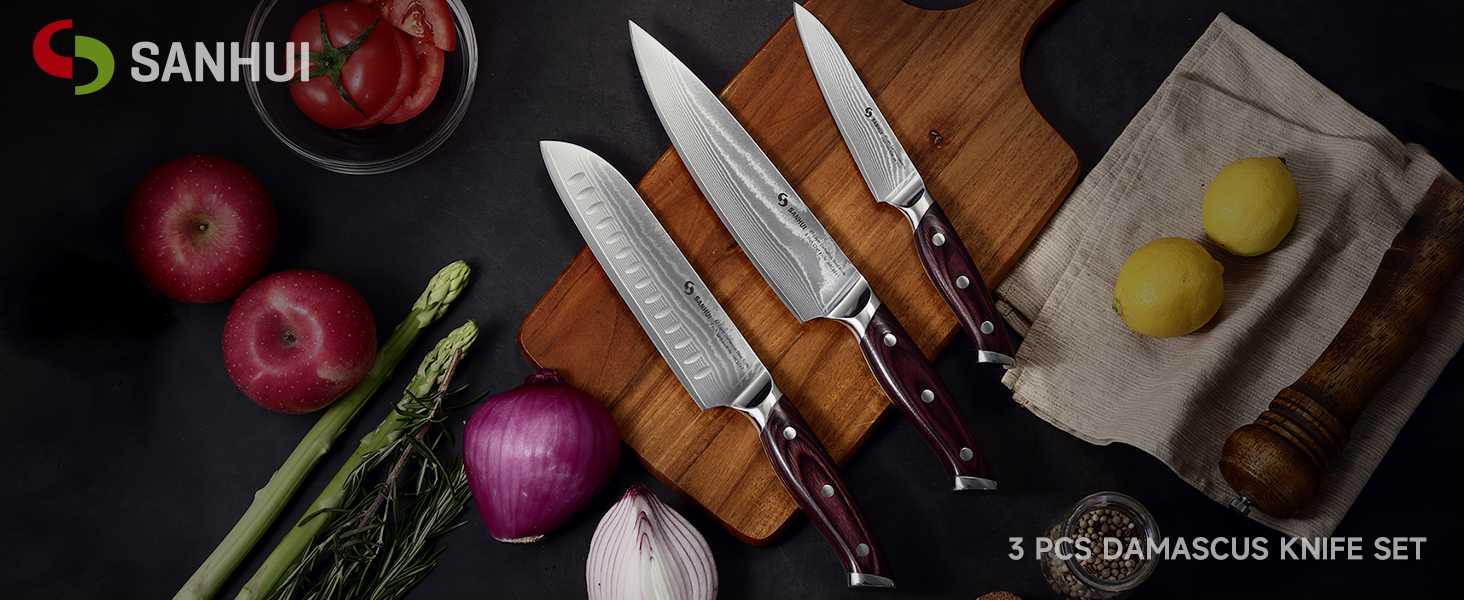 Набір кухонних ножів Sanhui Damast: 3 ножі з дамаської сталі з ручками з паккавуда. Професійний набір ножів у подарунковій коробці - ідеальний для професійних та аматорських кухарів.