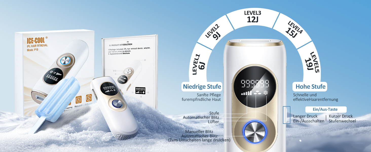 Пристрій для епіляції IPL з охолодженням та 999 999 імпульсів світла – лазерний епілятор з 5 рівнями енергії, для жінок/чоловіків/ногів/бікіні