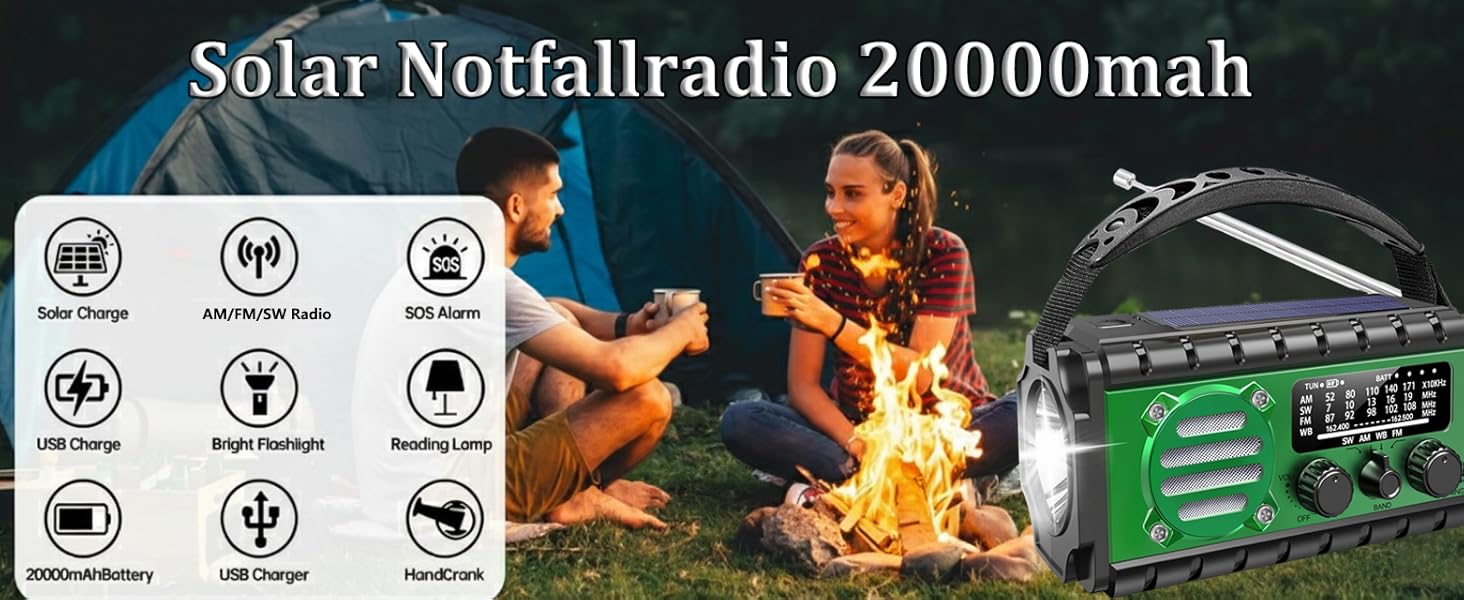 Радіо на сонячній батареї Solar Kurbelradio 20000mAh: FM/AM/SW, ліхтарик, зарядка USB, SOS-сигнал, для кемпінгу та надзвичайних ситуацій (зелене)