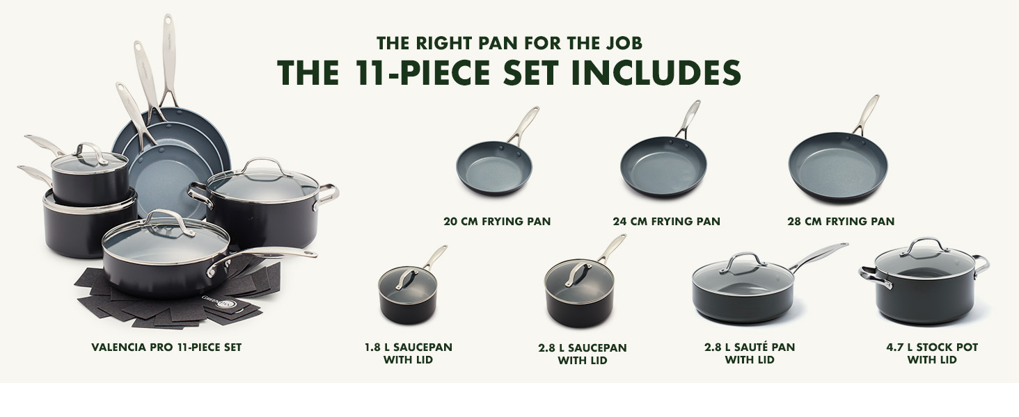 GreenPan Valencia Pro Thermolon Healthy Ceramic Non-Stick 11-Piece Cookware Set, Pots and Pans, PFAS-Free, Including Frypans, Saute Pans, Induction, Dishwasher Safe, Oven Safe, Grey Cookware Set 11-Piece