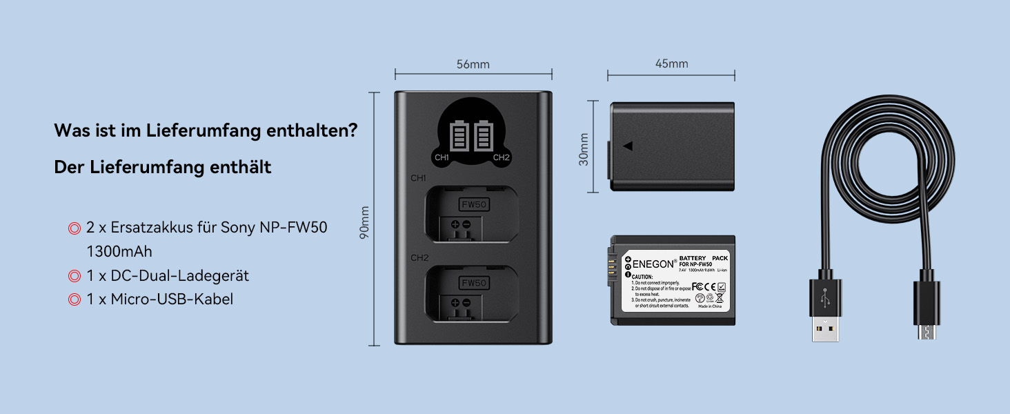 Акумулятор ENEGON NP-FW50 (2 шт. | 1300mAh) + LCD зарядний пристрій Dual USB для Sony ZV-E10, A6000, A7 та ін.