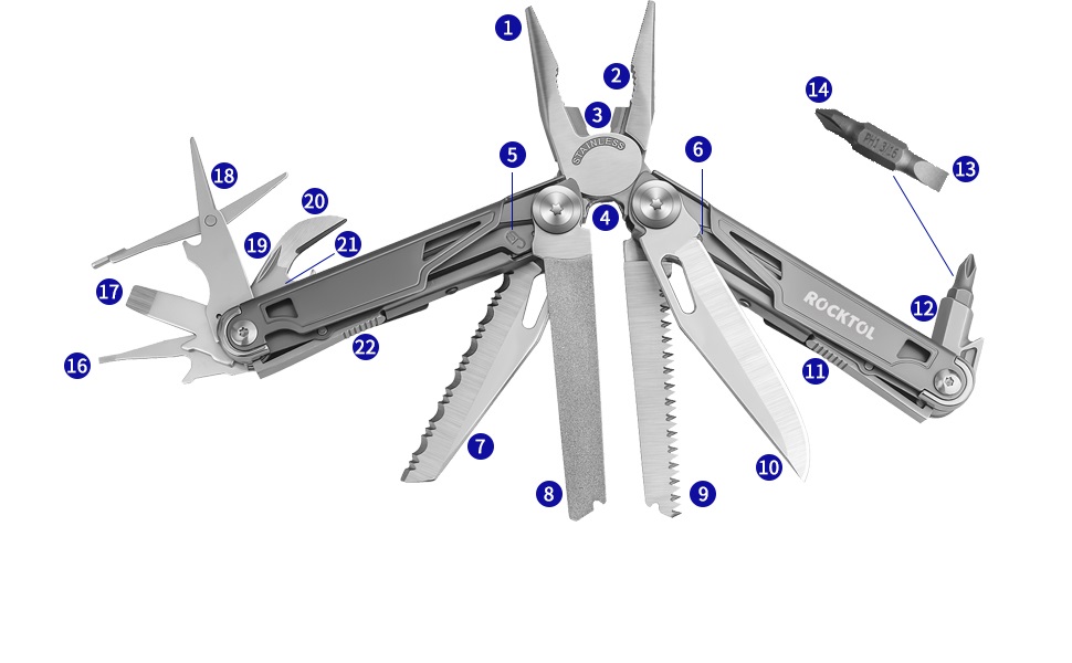 ROCKTOL Мультитул 19-в-1: мультиінструмент з титановим покриттям, фіксатором та чохлом, для чоловіків