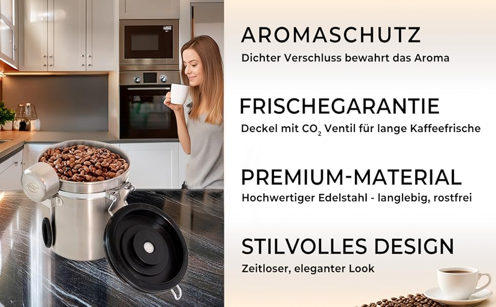 Контейнер для кави 500г з нержавіючої сталі з дозатором та календарем, 1,5л, стильна упаковка