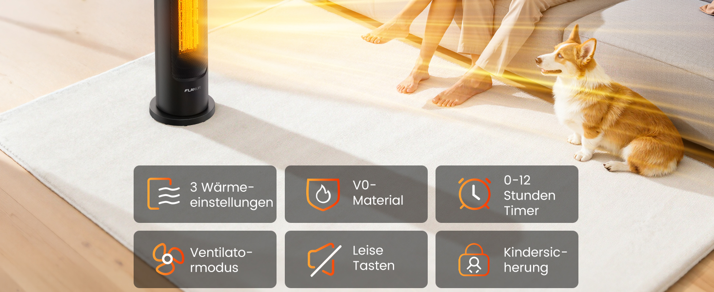 Електричний обігрівач PTC 2000W з керамічним нагрівачем, тихий, з термостатом та пультом керування, ECO режим, 70° осциляція, таймер 12h, захист від перегріву та перекидання, чорний, 1 шт (60 см)