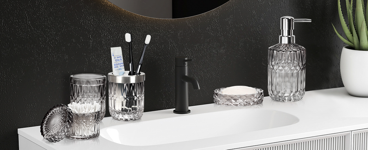 Набір аксесуарів для ванної кімнати 5 предметів: дозатор для мила та лосьйону, склянка для зубних щіток, стаканчик, мильниця, органайзер (чорний/прозорий) - сучасний декор для ванної, кухні, туалетного столика