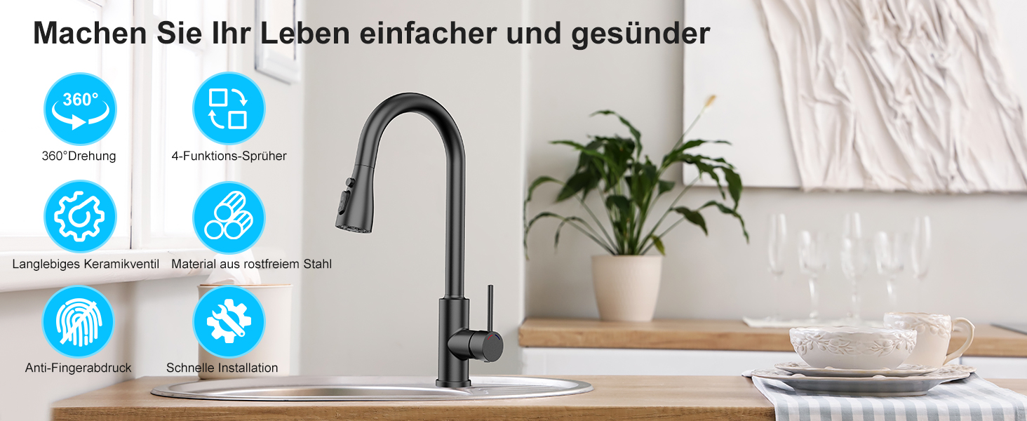 Змішувач кухонний висувний з нержавіючої сталі з 360° обертанням та 4 режимами, для кухонних мийок, з ABS-розпилювачем, підходить лише для ЄС (G3/8)