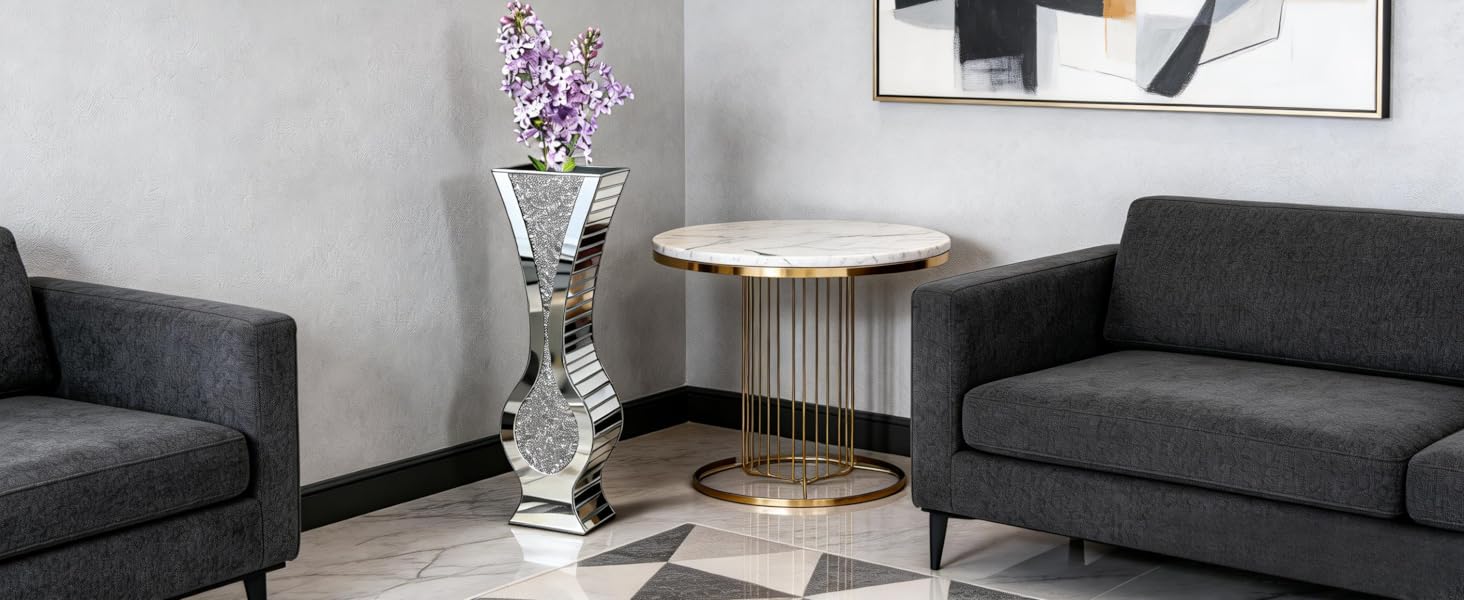 Ваза для квітів велика 68 см, підлогова ваза: срібна ваза з кристалами для пампас трави, скляна ваза з дзеркальним покриттям, декоративна ваза з блискітками для вітальні, декор інтер'єру – не для води (21.5L x 13B x 68.5H cm)