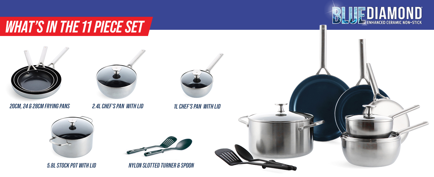 Набір посуду Blue Diamond Cookware (11 предметів): сковороди, каструлі з нержавіючої сталі з покриттям DiamantKeramik, антипригарне покриття, без PFAS, для індукційних плит, можна мити в посудомийній машині та використовувати в духовці, срібний колір