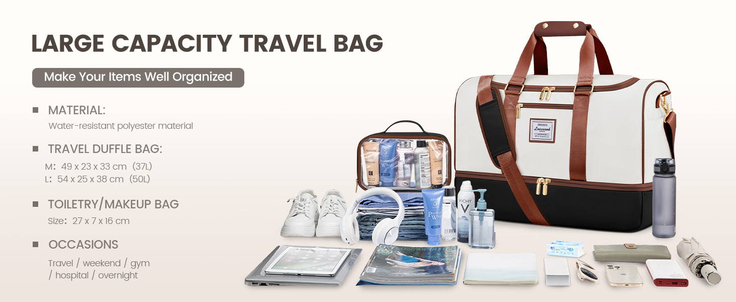 Спортивна сумка LOVEVOOK 37L для подорожей: Weekender, Duffel, Carry-on з відділенням для взуття та мокрих речей, водонепроникна, для відпочинку, авіаперельотів (L, Бежево-чорно-коричнева)