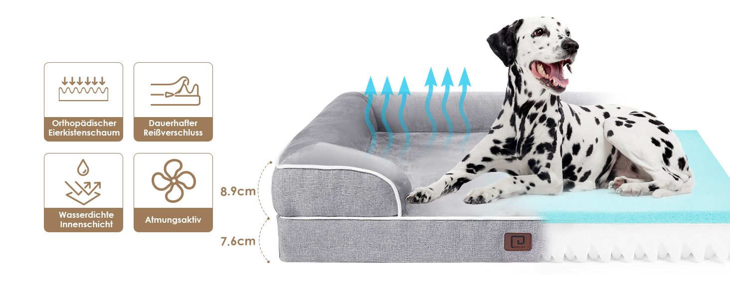 Ортопедичне ліжко для собак EHEYCIGA, великі та середні породи, 91x68 см, Memory Foam, вологостійке, з високим бортиком, сіре