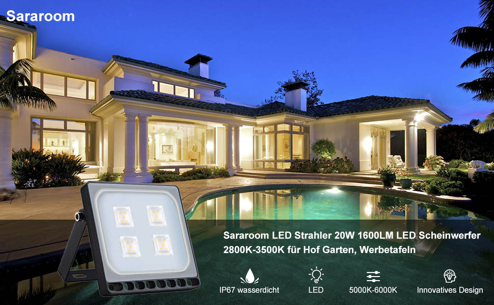 Sararoom LED прожектор для вулиці, 20W, 3000K тепле світло, 4000 Лм, IP65, водонепроникний, 48 LED, зовнішній LED ліхтар для саду, гаража, подвір'я, спортмайданчика