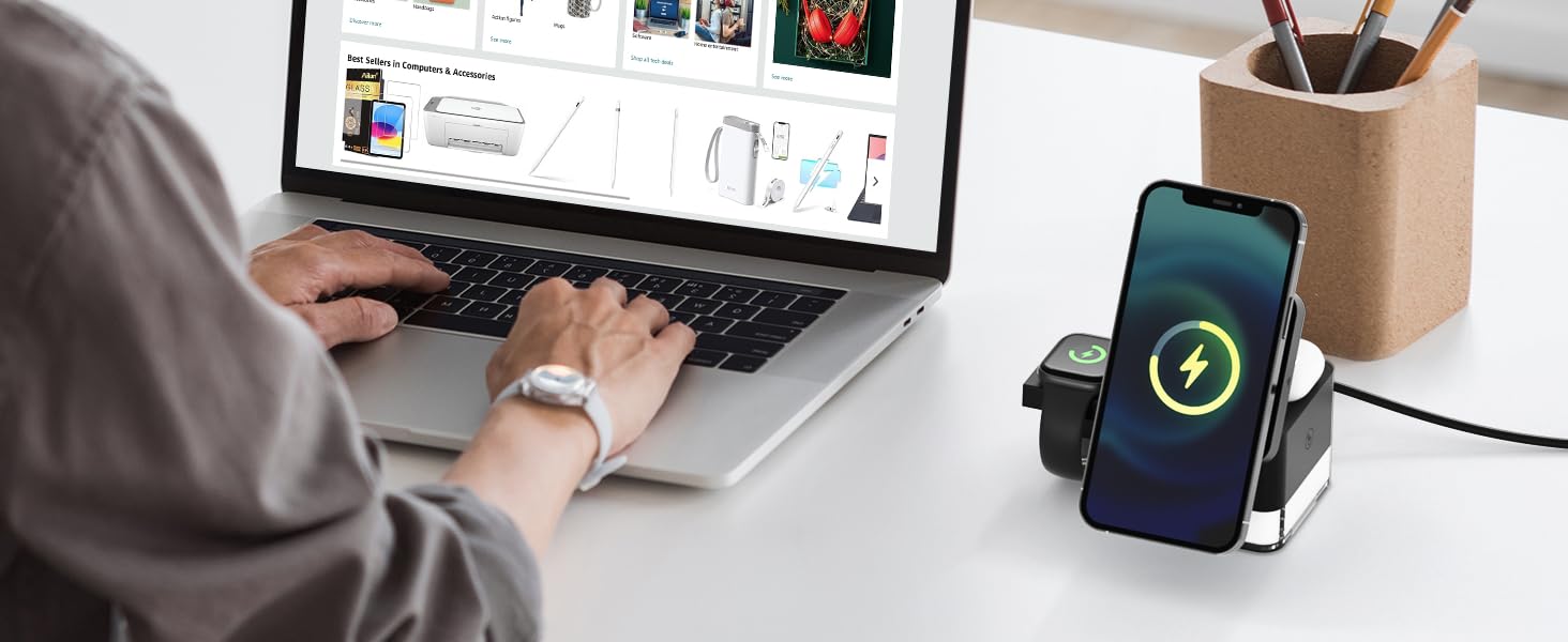Зарядна станція 3-в-1 Apple Watch та iPhone, бездротовий зарядний пристрій для iPhone 16/15/14/13/12 Pro Max/Pro/Plus, Apple Watch, AirPods. З нічником сенсорним для спальні, вітальні, офісу 10.5*13.8*7.5см