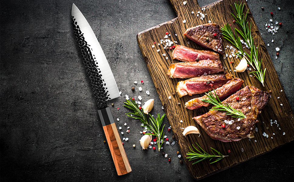 Японський кухонний ніж Gyuto 21 см, професійний, ручної роботи, з високоякісної сталі AUS-8, з дерев'яним руків'ям з палісандру, подарункова коробка