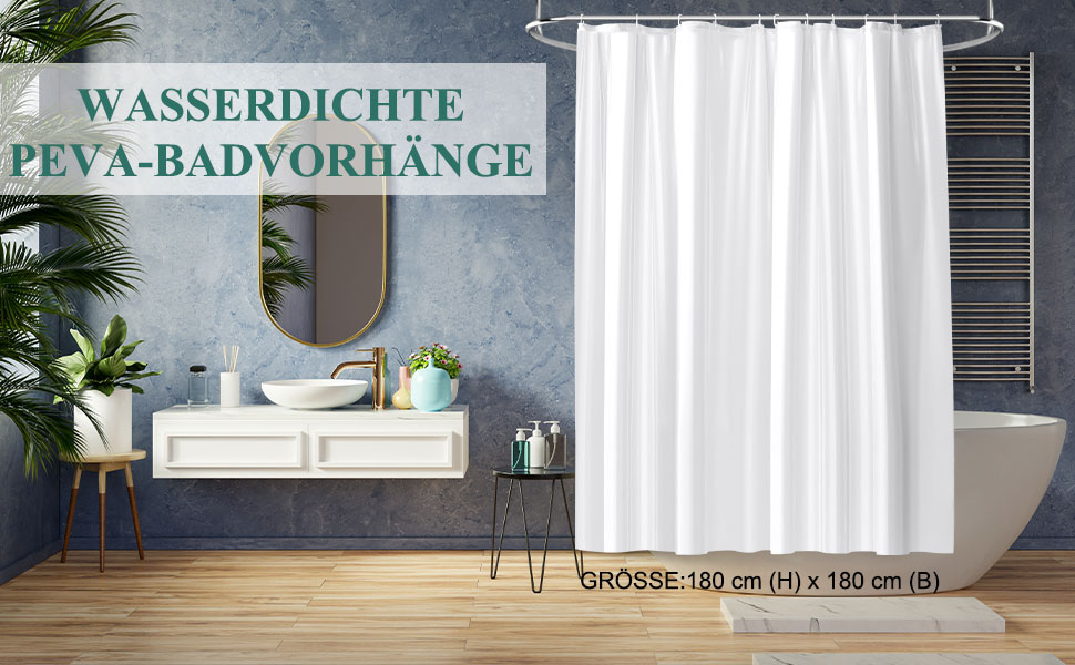 Шторка для душу URAQT, водонепроникна, антигрибкова, швидковисихаюча, PEVA, 180x180 см, 12 кілець, для ванни (Біла)