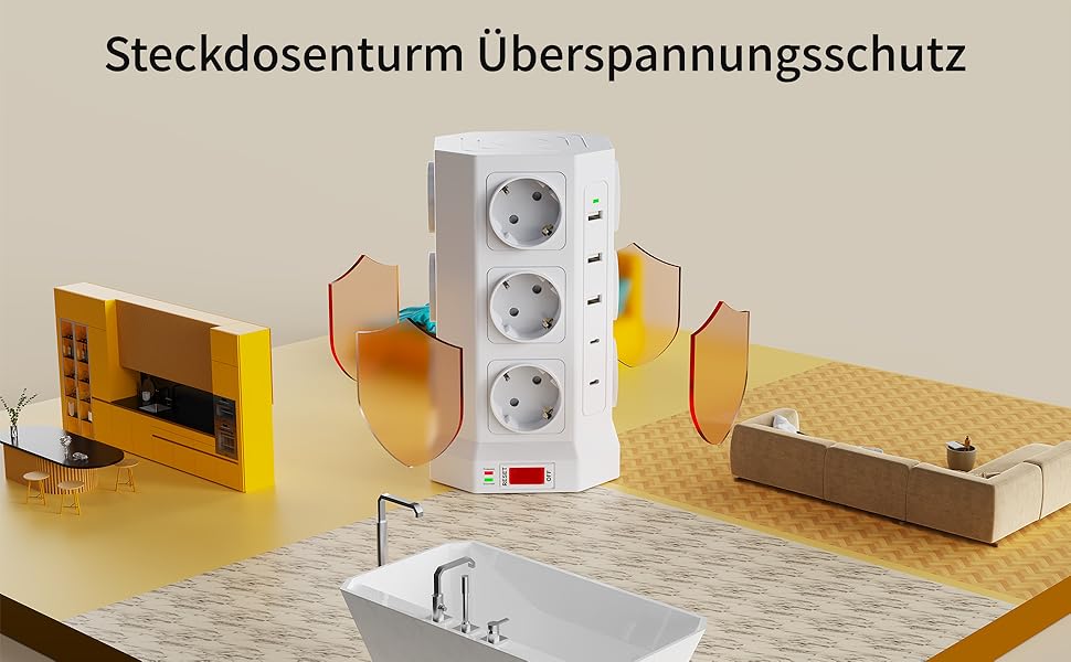 Блок розеток із захистом від перенапруги (3680W/16A), 12 розеток з 5 USB, мережевий фільтр з вимикачем, 1,5м кабель, захист 1050J, для дому/офісу, білий